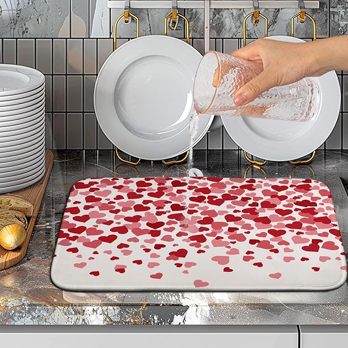 Wnoesat Valentines Dish Drying Mat Pink Red Love Hearts Valentine Drying Mats for Kitchen Counter Absorbent Microfiber Reversible Dish Draining Mat Medium Dishes Pad 16 X 18 Inch