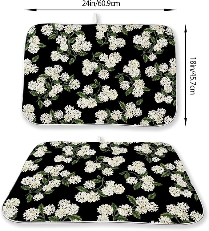 Black Dish Drying Mat 18x24 Inch Green Vintage Floral Hydrangea Flower Drying Mat Spring Summer Seasonal Absorbent Dish Drying Pad Dish Rack Drainer Mats for Kitchen Dining Counter