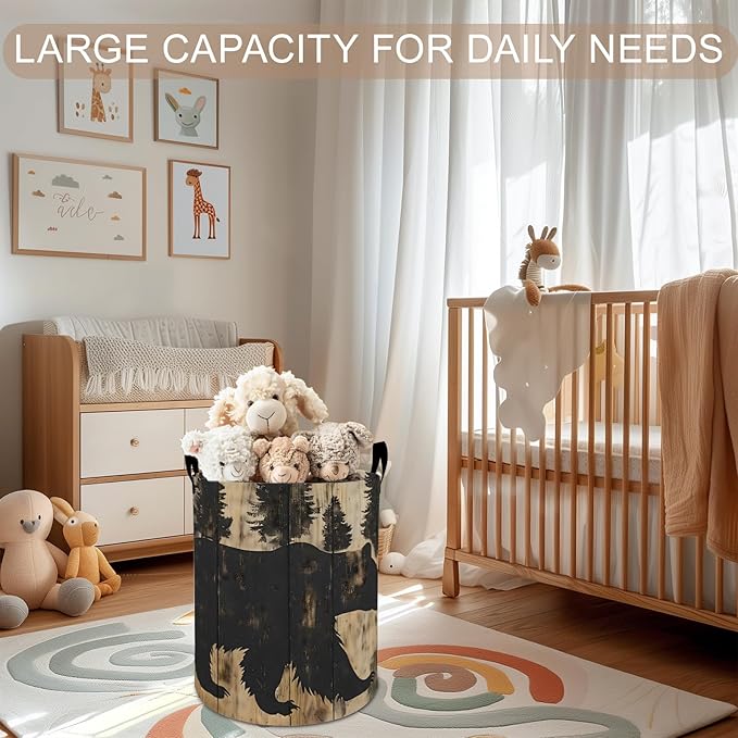 Rustic Bear Laundry Basket Hamper 19.7"x15.8", Forest Foldable Waterproof Oxford Clothes Storage Bucket for Room Bathroom Bedroom Nursery Decor, Toy Organizer Bins Gifts for Kids Boys Girls