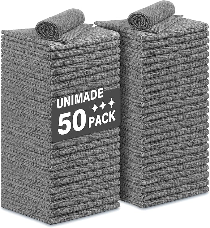 UNIMADE Microfiber Cleaning Cloth, 50 Pack Microfiber Towels for Cars Reusable Shop Rags Bulk Lint Free Cleaning Towels for Car Kitchen Automotive Bar Mechanic Restaurant Garage, 11.5"x 11.5", Grey