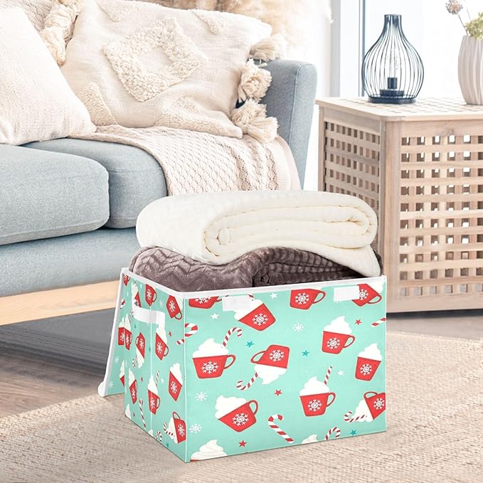 Red Mug Snowflake Whipped Cream Storage Bins with LidsChristmas Foldable Storage Basket with Handles Collapsible Large Fabric Organizer Containers for Clothes Shelves Closet Office Home