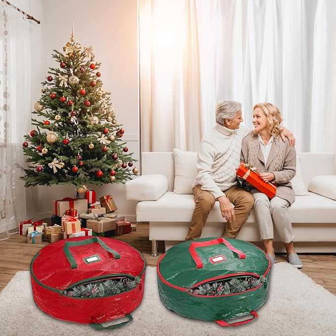 Christmas Wreath Storage Bag, 2 Pack 24" Xmas Wreath Storage Container, Garland Holiday Artificial Wreath Storage Holder with Heavy Duty Handles