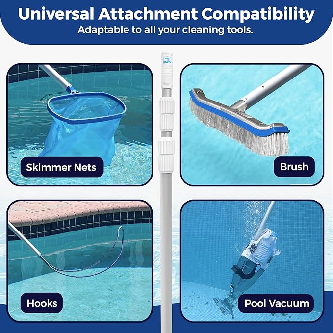 440 Telescopic Pool Pole 12ft - Heavy Duty Aluminum, Telescoping Pool Skimmer Pole for Leaf Rake, Net, Brush, Vacuum Head - Adjustable Handle Stick for Standard Attachments, Cleaning Swimming Pools