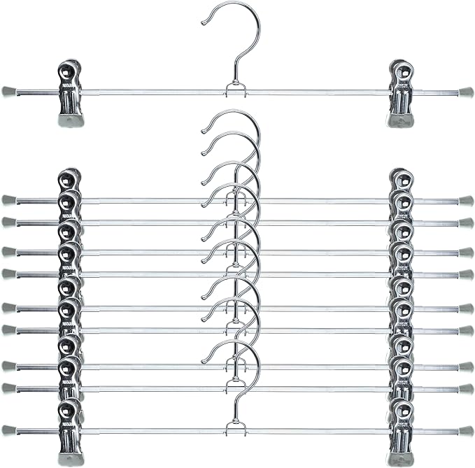 Mawa by Reston Lloyd Non-Slip Space-Saving Clothes Hanger For Pants & Skirts with Two Clips, Style K/40D, Set of 10, 15 3/4"L, Silver