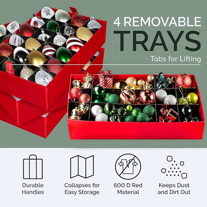 Christmas Ornament Storage Container,Box Stores Up to 96, Adjustable Dividers, Large Organizer Bin to Protect and Store Holiday Décor