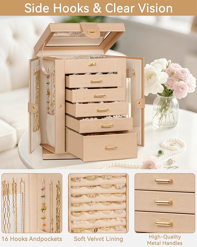 AKOZLIN Jewelry Box 6-Tier Organizer Functional 360° Rotating Jewelry Storage Case for Women Girls Ring Necklace Earring Bracelet Holder with Mirror