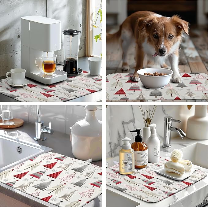 Wnoesat Christmas Dish Drying Mats for Kitchen Counter Xmas Tree Drying Mat Winter Holiday Dishes Drying Pad Microfiber Absorbent Dish Draining Mat Washable Dish Drainer Rack Mat 18x24 Inch