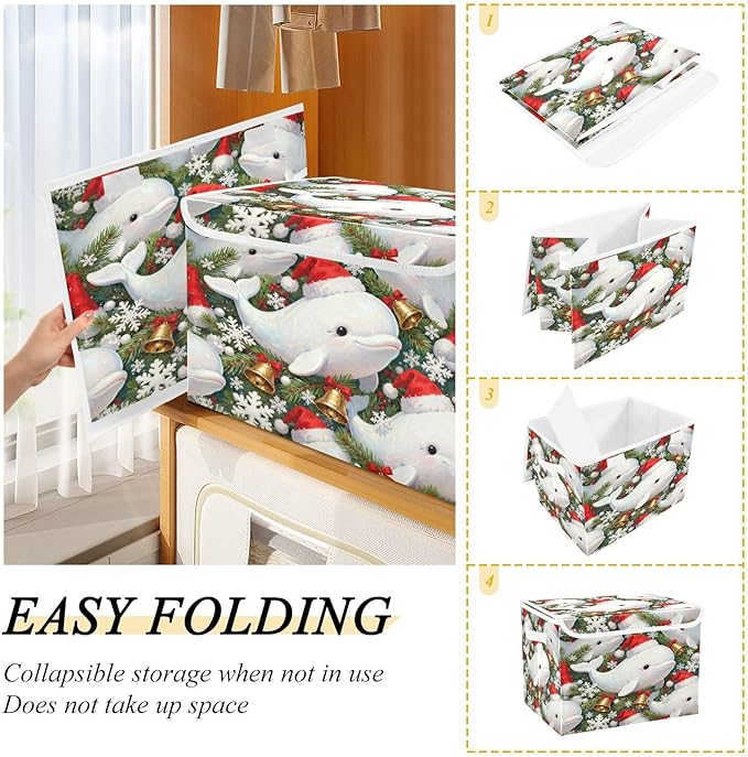 Christmas Dolphin Pattern Storage Bins with Lids Foldable Storage Basket with Handles Collapsible Large Fabric Organizer Containers for Clothes Shelves Closet Office Home