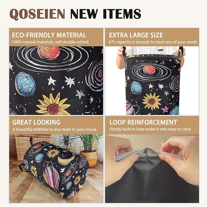 Stars Planets Collapsible Laundry Baskets,Moon Sun Laundry Hamper,Storage Basket with Handles for Bathroom Bedroom College Dormitory Living Room Nursery Organizer 16"x20"