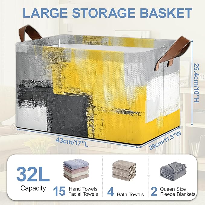 Yellow Gray Storage Baskets,Modern Art Foldable Large Capacity Organizer Bins with Waterproof Lining and Leather Handles for Closet,Shelf,Bedroom 17x11.5x10Inch