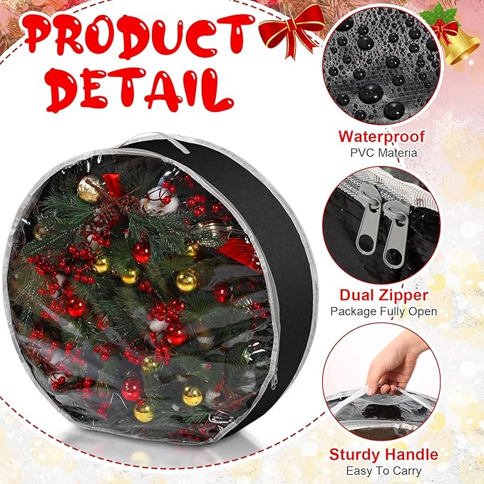 Aliceset 4 Pack Wreath Storage Containers, Christmas Ornament Garland Wreath Storage Bags with Handle Dual Zipper Large Decorative Storages Box for Winter Wreaths(36 x 36 x 7.8 Inch,Black)