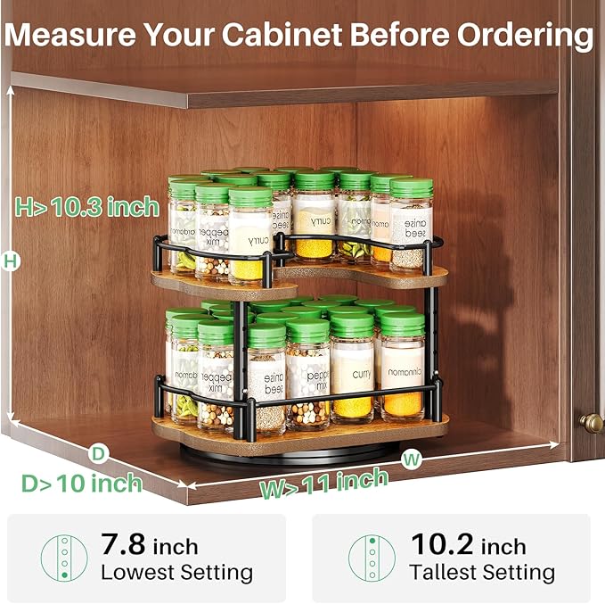 Spice Rack Organization for Cabinet - Height Adjustable Rotating Lazy Susan Organizer, Spice Organizer Fits Cabinets Wide＞ 11 inches, Clearance Height ＞10.5 inches