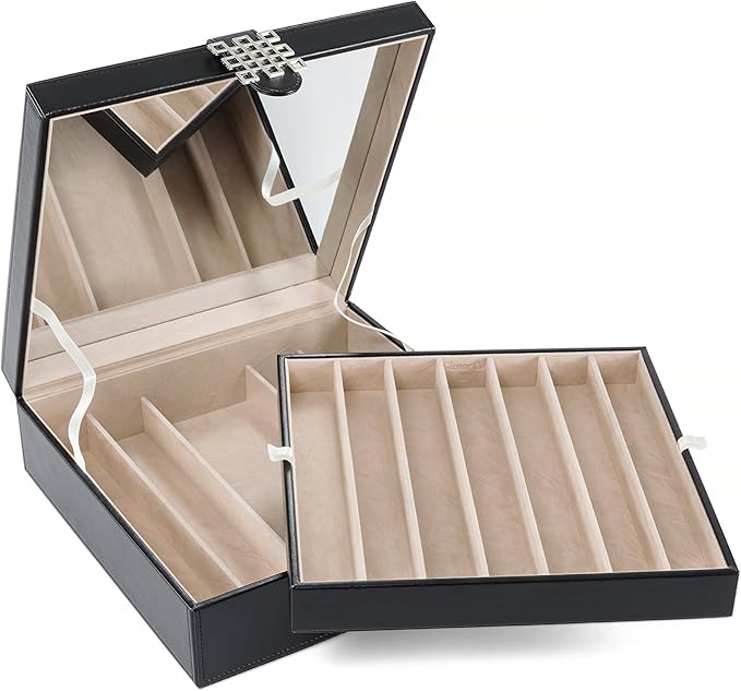 Glenor Co 12 Section Necklace Organizer - Large Mirror - 2 Trays - PU Leather - Black - Jewelry Box - Modern Buckle Closure - Fits Necklace & Bracelet - Jewelry Holder for Women Teens & Girls