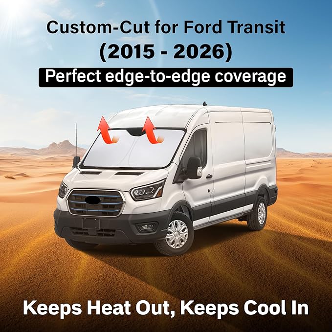 EcoNour Windshield Sun Shade Compatible for Ford Transit 350 2015–2026 | Custom Fit Van Front Window Sunshade | Foldable UV & Heat Reflective Sun Visor