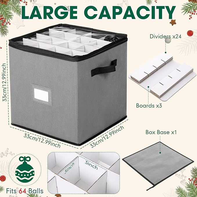 CHENGU 2-pack Christmas Ornament Storage Stores up to 64 Christmas Ball Accessories Holder with Adjustable Dividers, Zippered Closure Two Handles for Holiday Ornaments and Xmas Decorations(Grey)