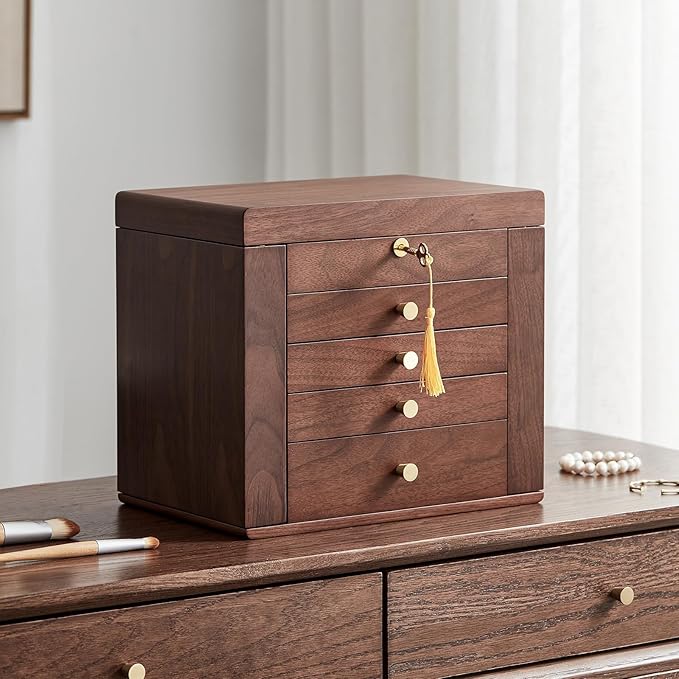Black Walnut Wooden Jewelry Box, Wood Jewelry Organizer with 2 Side Doors Mirror Lockable Classical Style for Watch Necklace Ring Earring Storage Valentines Day Gifts for Her-5 Layer