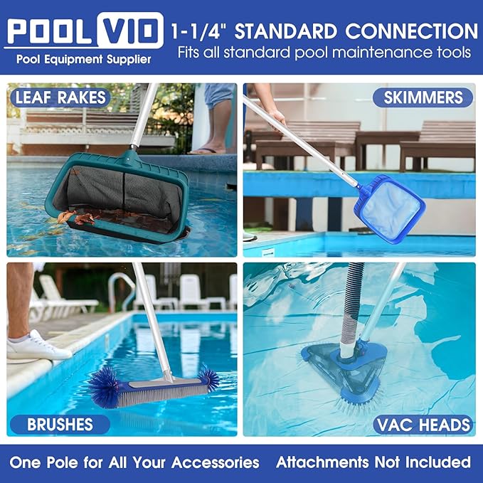 Poolvio 12 FT Telescopic Swimming Pool Pole - Adjustable 2 Piece Aluminum Pool Pole for Pool Cleaning Skimmer Nets Vacuum Heads & Brushes, Strong Grip & Lock