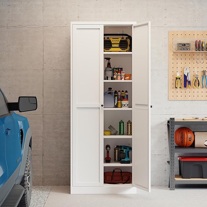 Kitchen Pantry Cabinet, 72" H Storage Cabinet with Doors and Adjustable Shelves, Metal Bathroom Cabinets, Utility Cabinets for Kitchen, Living Room, Garage, Assembly Required, White