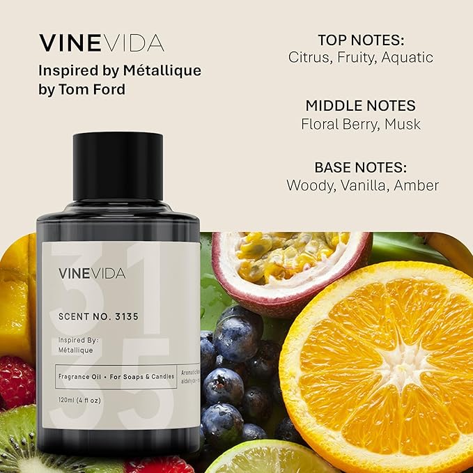 VINEVIDA Scent NO. 3135 Fragrance Oil - 120mL (4oz) - Inspired by: Métallique Fragrance Oil for Candle Making - Made in USA Candle Scents Scents for Soap Making