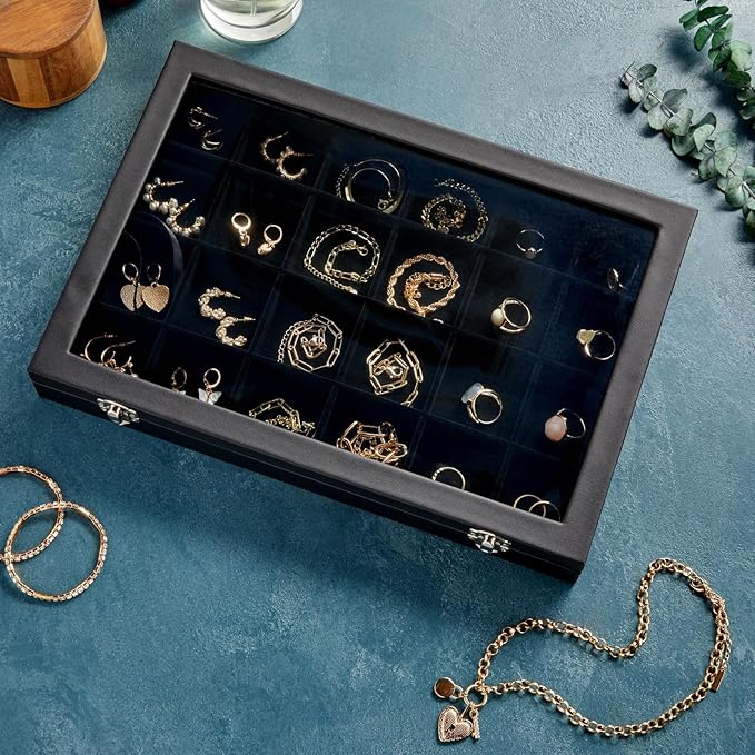 Juvale Black Velvet Jewelry Display Tray Organizer Case - Jewelry Display for Vendors w/Glass Cover - 24 Slot Tray with Removable Grids - Crystal & Rock Collection Box - Black 14 x 9.5 x2 in