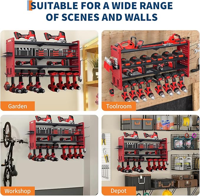 Festisoul Heavy Duty Wall Mount Tool Organizer Rack, 4-Tier Metal Garage Storage with 8 Drill Slots & Hooks, 240 Lbs Capacity Power Tool Organizer for Workshop, Garage, Gift for Men