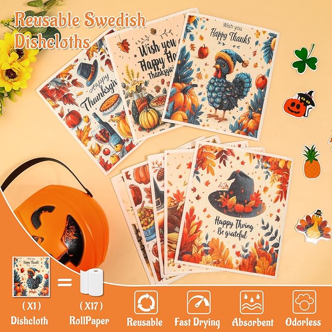 Lucomb 8 Pack Thanksgiving Swedish Dishcloths for Kitchen, Reusable Soft Kitchen Towels Dish Cloths Set Absorbent Sponge Cleaning Washable Quick Drying Bar Hand Washing