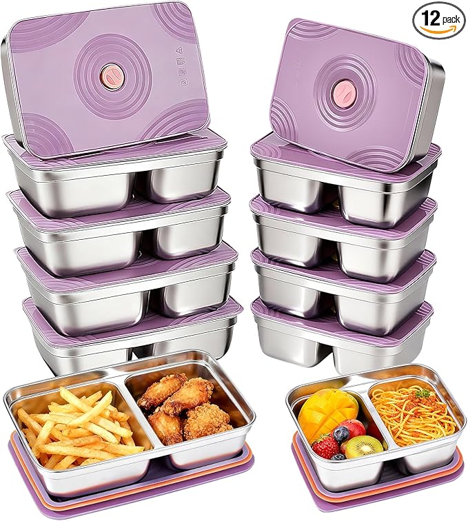 GIUOIDUO 12-Piece Stainless Steel Snack Containers Reusable, Grab and Go 2 Compartment Food Storage Containers with Leakproof Lids for Travel and Outdoor Camping School Lunch Prep Dishwasher Safe