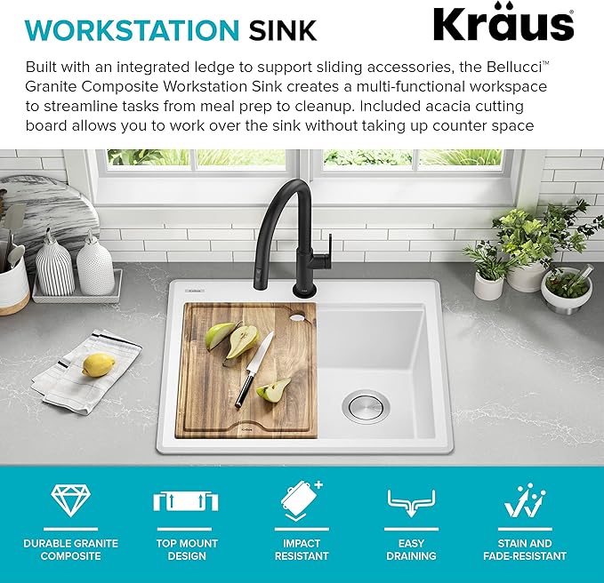 KRAUS Bellucci 25-inch Granite Workstation Drop In Top Mount Single Bowl Kitchen Sink in White with Accessories, KGTW12-25WH