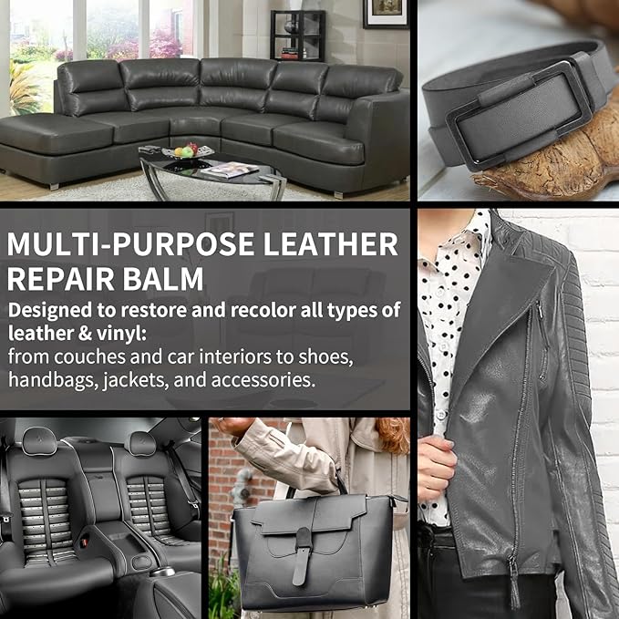 Leather Recoloring Balm and Scratch Repair Kit, Dark Gray Leather Restorer for Couches, Furniture, Car Seats, Leather Paint & Stain for Sofa, Chairs, Bags, and More