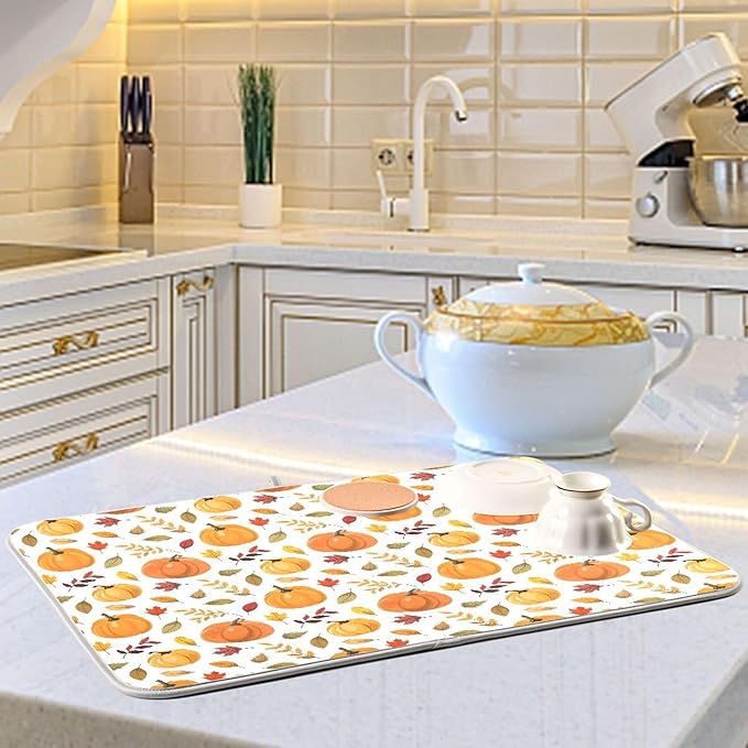 Fall Pumpkin Pattern Dish Drying Mat for Kitchen Countertop 18x24 Autumn Leaves Thanksgiving Day Large Drying Mat Reusable Quick Dry Dish Sink Mats Easy Clean Decorative Essentials