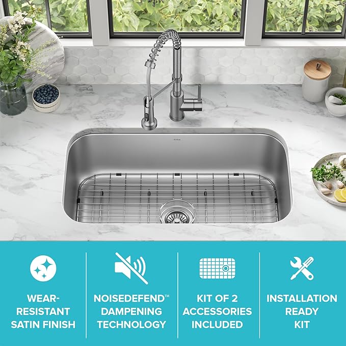 KRAUS Premier 32-inch Undermount Single Bowl 18-Gauge Stainless Steel Kitchen Sink with Bottom Grid and Strainer, KBU44