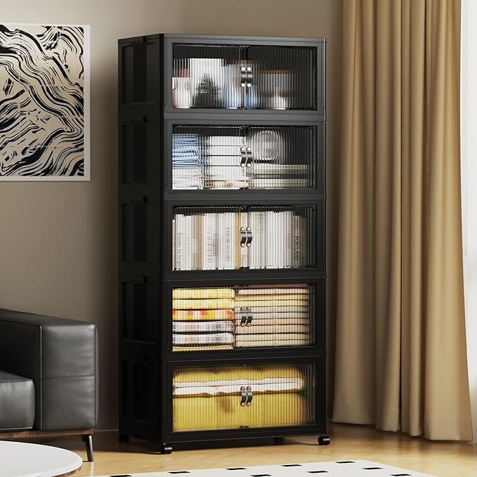 SAILUN 635Qt Extra Large Stackable Storage Bins Folding Collapsible Storage Bins with Lid, Closet Organizers and Storage Box with Door Black 28" W x 17" D x 75" H