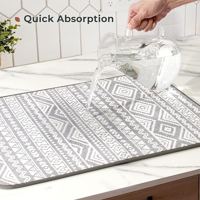 FRESHMINT Printed Dish Drying Mats for Kitchen Counter 2 Pack Absorbent Reversible Drying Mats Microfiber Kitchen Countertop Protector Dishes Drying Pad Extra Large 18"x24" Dish Mat