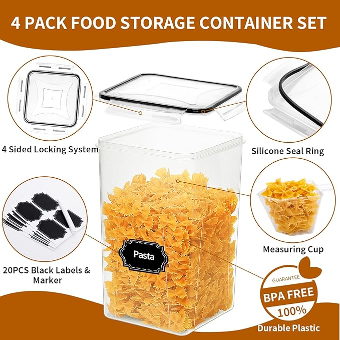 HKJ Chef 4 Pack Extra Large Airtight Food Storage Containers with Lids (6.5L / 220 oz), BPA Free Plastic Kitchen and Pantry Organization Contianers for Cereal Flour and Sugar Storage, Labels & Marker