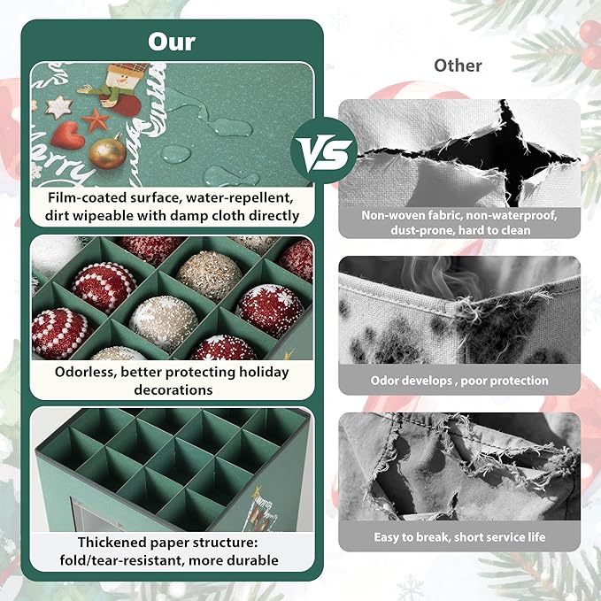 Premium Waterproof & Dustproof Christmas Ornament Storage Box with lid - Holds Up to 64 Ornaments Decoration Balls, Adjustable Dividers, Large Foldable Storage Case for Sundries or Clothes
