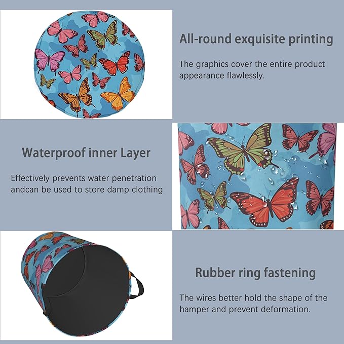 Colorful Butterfly Laundry Basket,Foldable Oxford Cloth Tote Bag Laundry Hamper Clothes Storage Bucket Organizer for Bedroom Laundry Storage Dormitories 16" x 20.8"