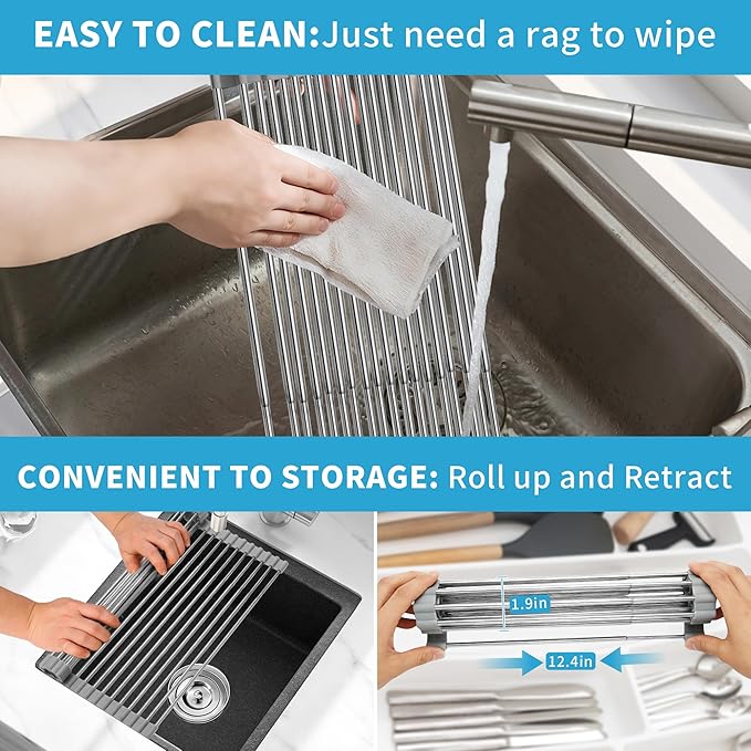 HAYAWEY Expandable Roll-UP Dish Drying Rack-Large 304 Stainless Steel Dish Drainer Over The Sink for Kitchen Countertop,Extendable & Rollable & Food Grade (Silver,22.08'x 13.2')