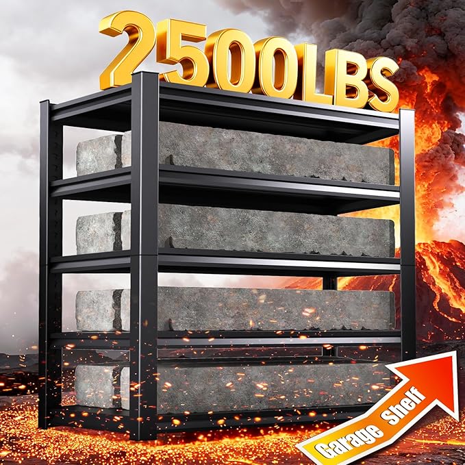 5-Tier 72”H Garage Shelving, Adjustable Garage Shelves, 2500 Lbs Storage Shelves Heavy Duty, Garage Shelf for Tool Organization, Storage Shelves for Basement, Warehouse, Black (72''H×35.4''W×12''D)
