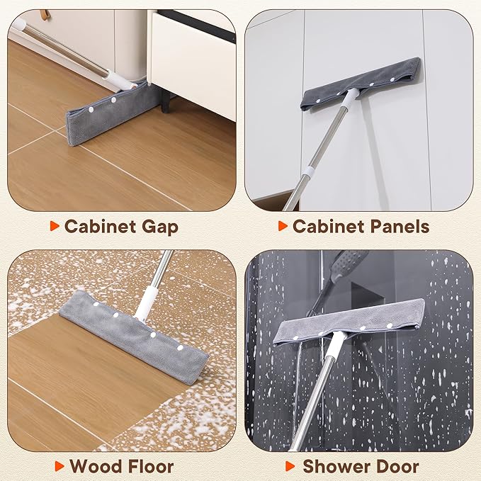 Floor Squeegee for Water & Pet Hair, Silicone Squeegee with 62" Long Handle, Includes 2 Cleaning Cloths, Squeegee for Concrete Floors, Garage, Bathroom Tile, Shower Glass, Carpet, Deck & Hardwood