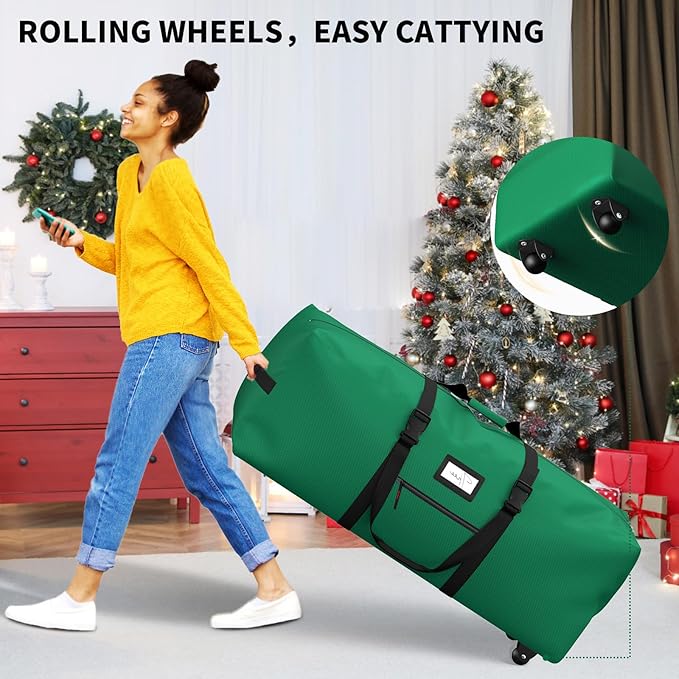Rolling Christmas Tree Storage Bag, Fits Up to 7.5 ft Artificial Xmas Disassembled Trees. Extra Large Storage Container with Wheels and Handles. Against Dust and Moisture (Green)