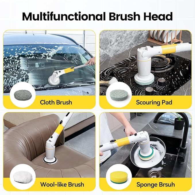 StarVal Electric Spin Scrubber, Cordless Cleaning Brush Shower Scrubber Up to 550 RPM with 9 Replaceable Brush Heads, Bathroom Scrubber Adjustable Extension Handle for Bathroom Kitchen Car (Yellow)