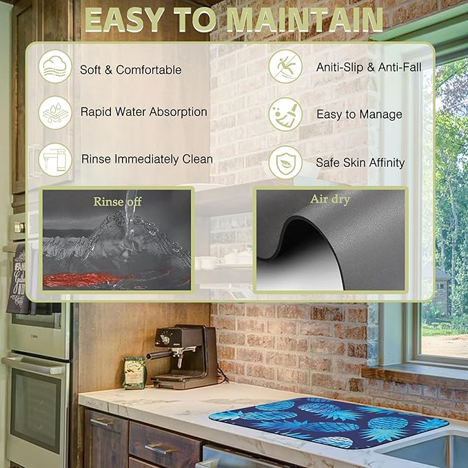 Kitchen Mat Blue Pineapple Dish Drying Mat 12"x19" Bsorbent Coffee Maker Mat for Sink Dishes or Under Rack Kitchen Counter Accessories Absorbent Hide Stain Rubber Backed Dish Drying Pad