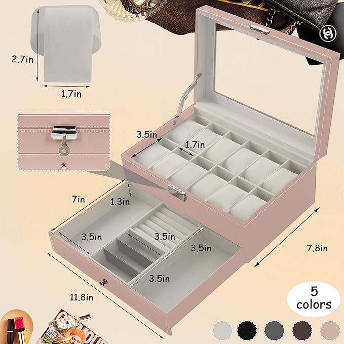 Ogrmar 12 Slot PU Leather Lockable Watch Storage Boxes, Men & Women Jewelry Display Drawer Case, 2-tier Organizer Watch Showcase with Glass Lid (Pink)