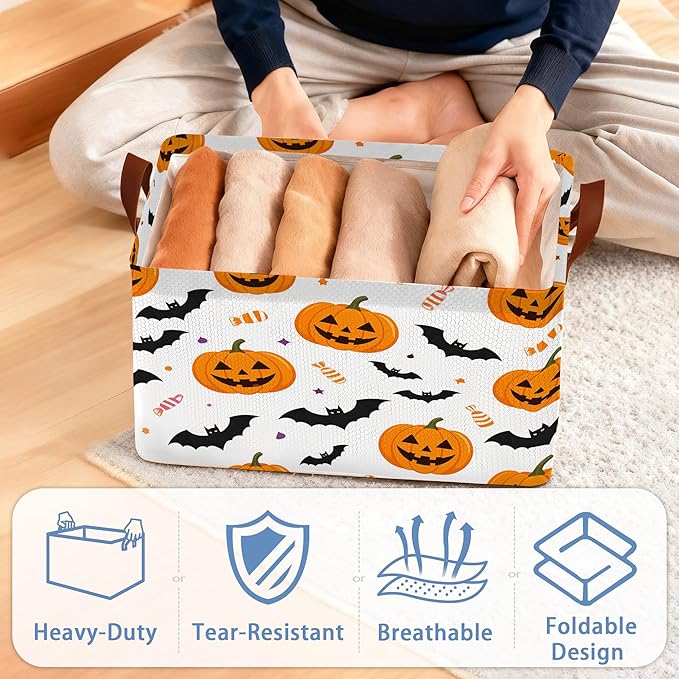 Halloween Pumpkin Bat Storage Baskets,Candy Foldable Organizer Bin with Handles for Home Living Room Bedroom Closet Box 17x11.5x10Inch