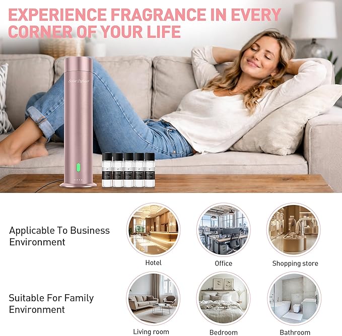 Waterless Scent Diffuser Starter Kit - 1000 Sq Ft Coverage, Hotel Scent Diffuser, Essential Oil Diffuser Large Room, Included 5 Scent Oils, Remote Control, Rosepink