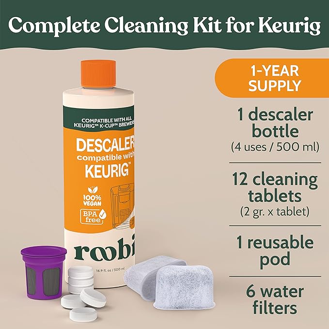 Roobi Keurig Compatible Descaling Solution & Cleaning Kit. Includes 1 Bottle of Keurig Descaler, 12 Cleaning Tablets, 1 Reusable Pod and 6 Water Filters. Carbon Neutral. 1 Year Supply.