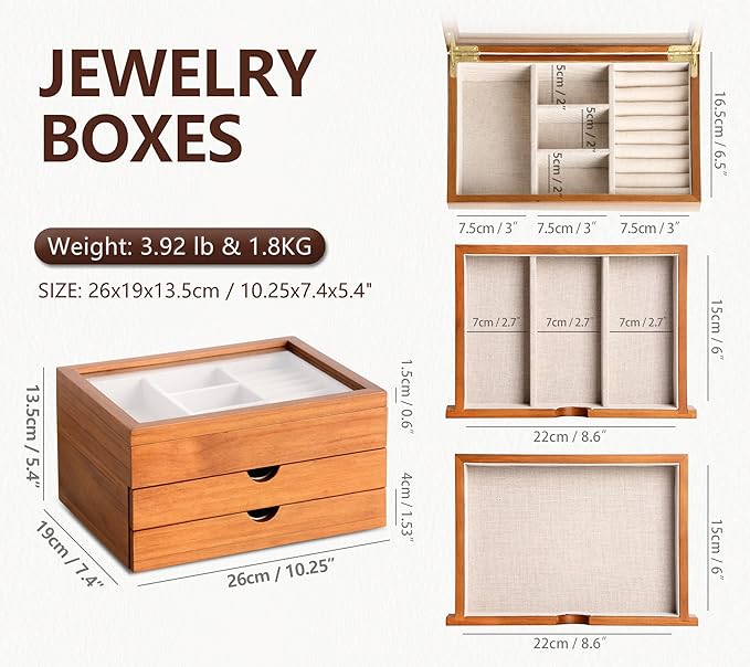Jewelry Box with Glass Lid, 3 Layer Jewelry Organizer for Women, Solid Wooden Jewelry Box Display for Ring Earrings Necklace Bracelet, Pine Wood Jewelry Boxes Vintage Style for Gifts