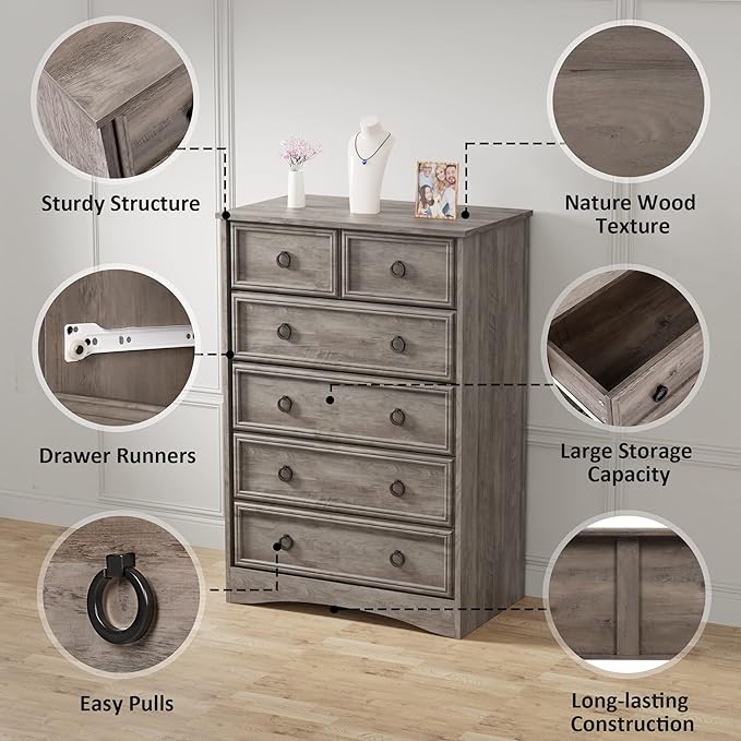 LGHM Modern Dressers for Bedroom with 6 Drawers, 6 Drawer Dresser, 44.33" Tall Chest of Drawers Closet Organizers & Storage Clothes - Easy Pull Handle, Textured Borders for Living Room, Hallway, Gray