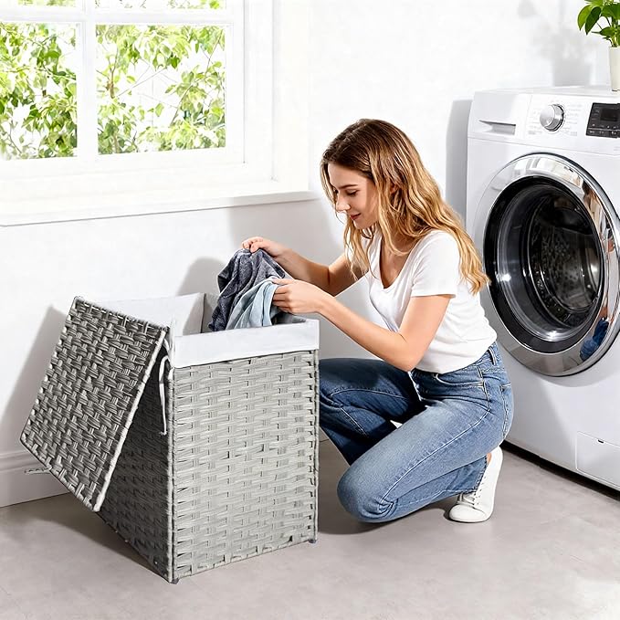 Woven Laundry Hamper with Lid,24Gal (90 L) Rattan Wicker Laundry Basket 2 Sections with Lid, Removable Machine Washable Line, Large Clothes Hamper with Handles for Bathroom Bedroom, Gray