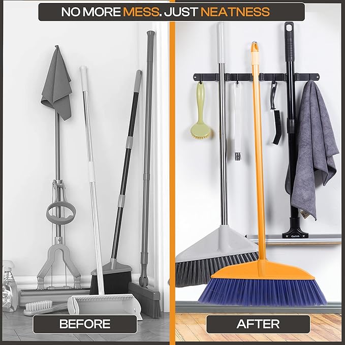 Heavy-Duty Stainless-Steel Broom Holder Wall Mount with 3 Racks and 4 Hooks | Waterproof Mop and Broom Hanger | Adjustable, Garage & Garden Tool Organizer | Black
